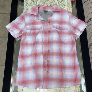 Eddie Bauer red and purple plaid button down short-sleeve shirt